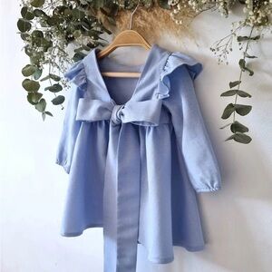Blue Linen Ruffled Dress with Bow